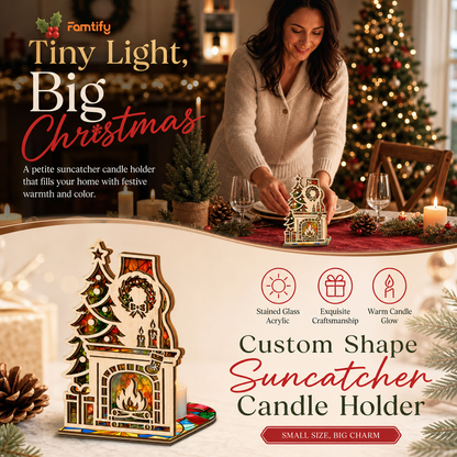 Christmas fireplace and tree suncatcher candle holder glowing on holiday table