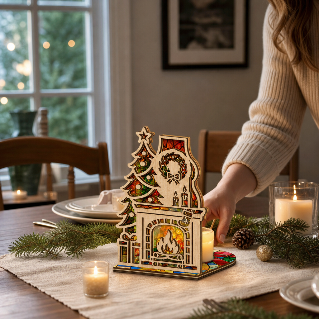 Christmas fireplace and tree suncatcher candle holder glowing on holiday table