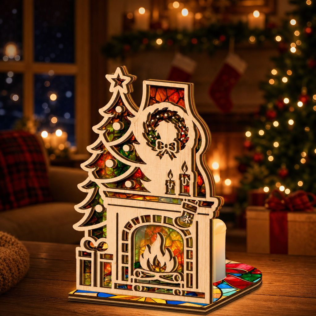 Christmas fireplace and tree suncatcher candle holder glowing on holiday table