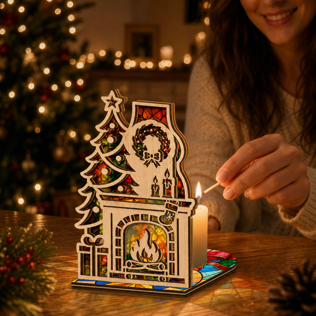 Christmas fireplace and tree suncatcher candle holder glowing on holiday table