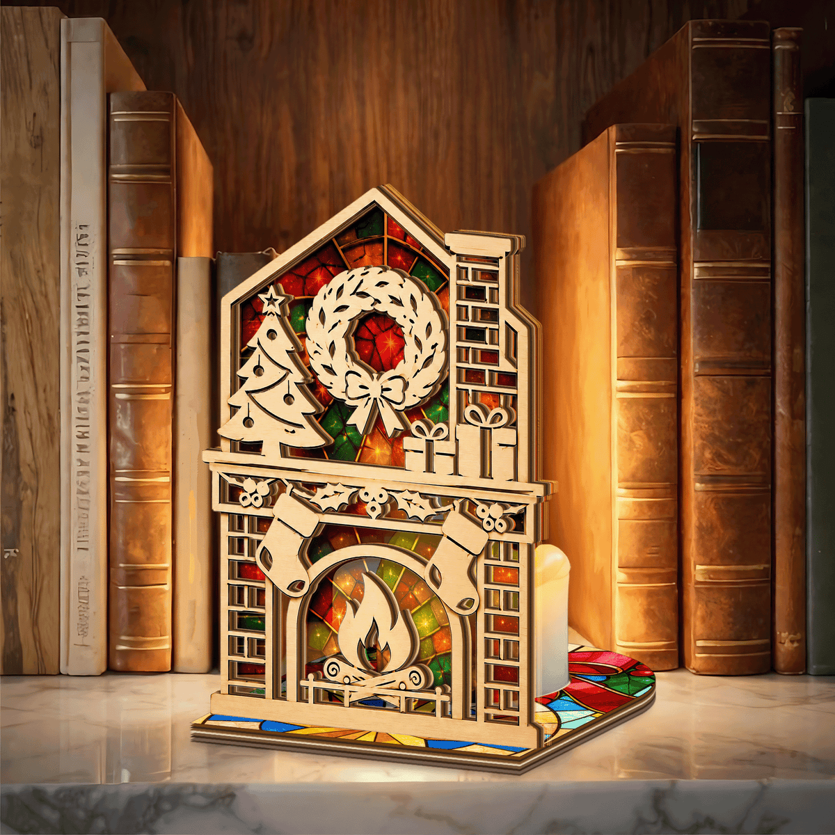 Christmas fireplace mantel suncatcher candle holder side view