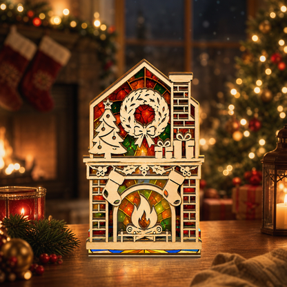 Christmas fireplace mantel suncatcher candle holder glowing on holiday table
