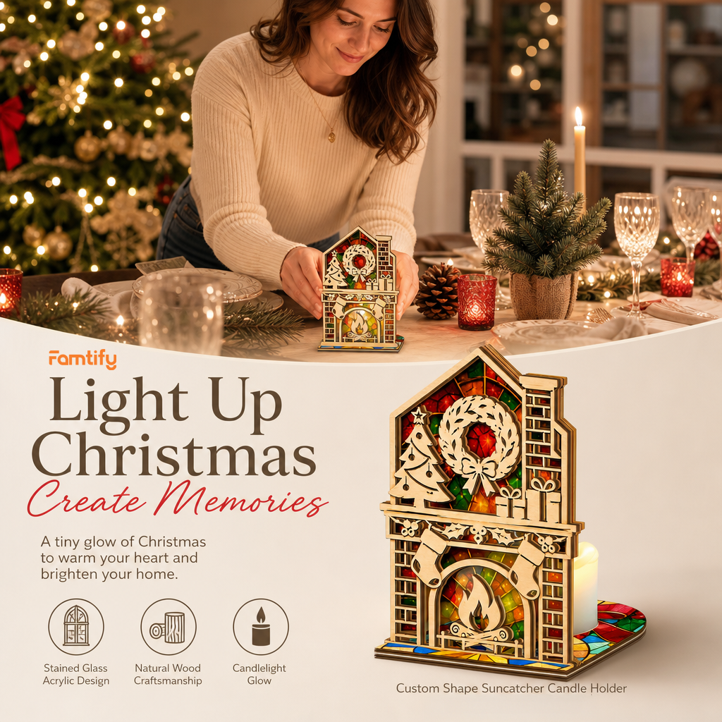 Christmas fireplace mantel suncatcher candle holder glowing on holiday table