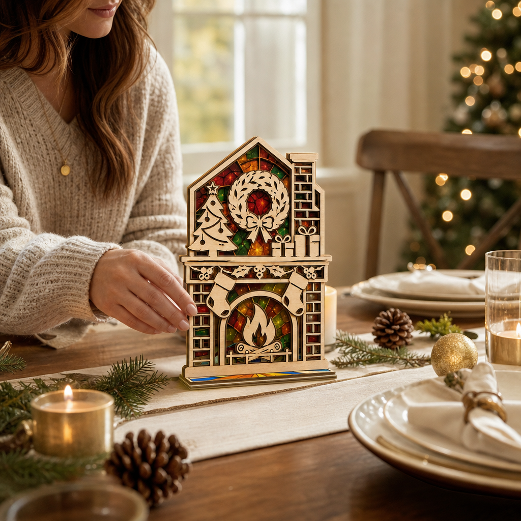 Christmas fireplace mantel suncatcher candle holder glowing on holiday table