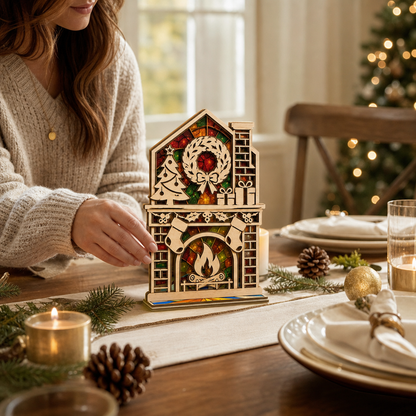 Christmas fireplace mantel suncatcher candle holder glowing on holiday table