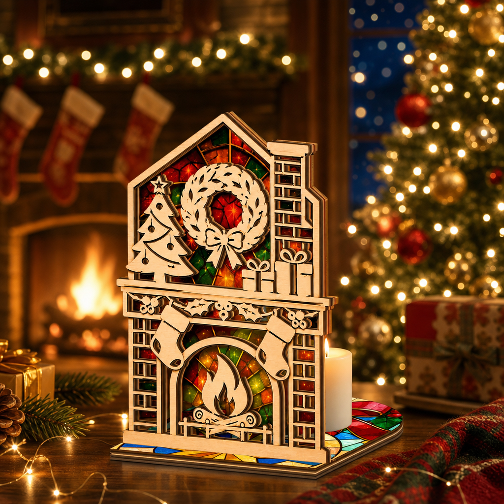 Christmas fireplace mantel suncatcher candle holder glowing on holiday table