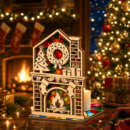 Christmas fireplace mantel suncatcher candle holder glowing on holiday table