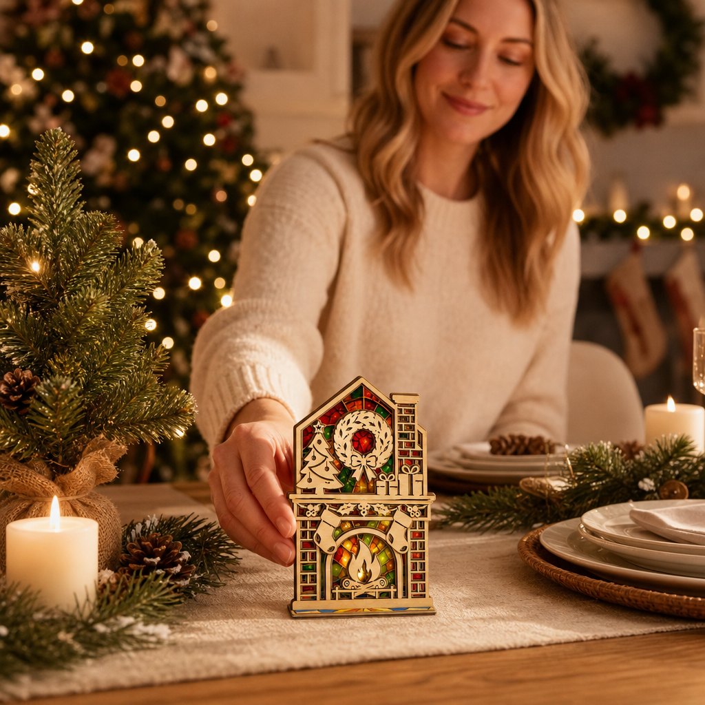 Christmas fireplace mantel suncatcher candle holder glowing on holiday table