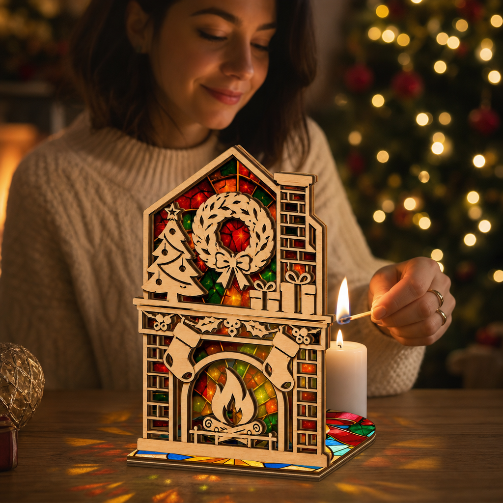 Christmas fireplace mantel suncatcher candle holder glowing on holiday table