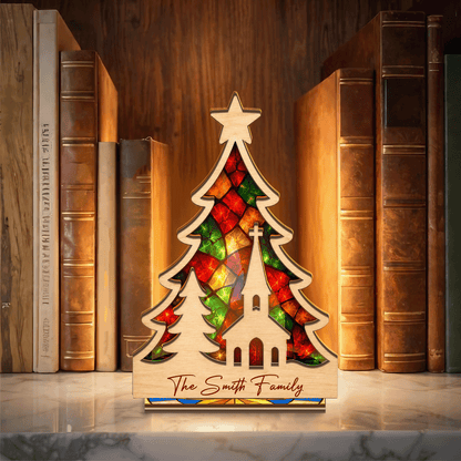 Personalized Christmas tree and church family name suncatcher candle holder