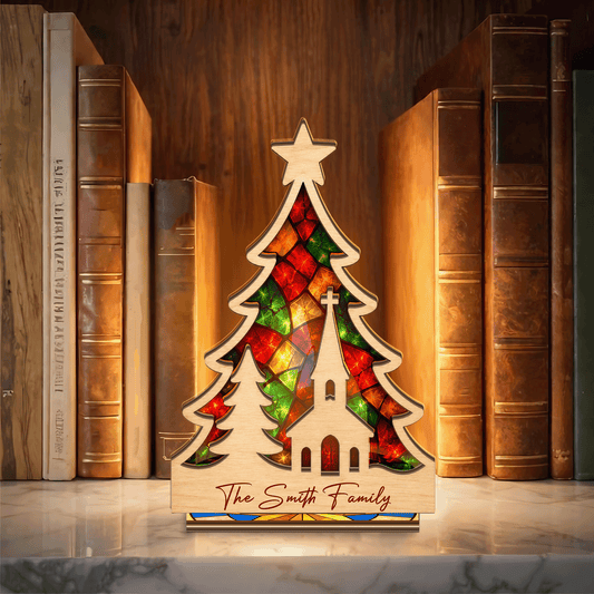Personalized Christmas tree and church family name suncatcher candle holder
