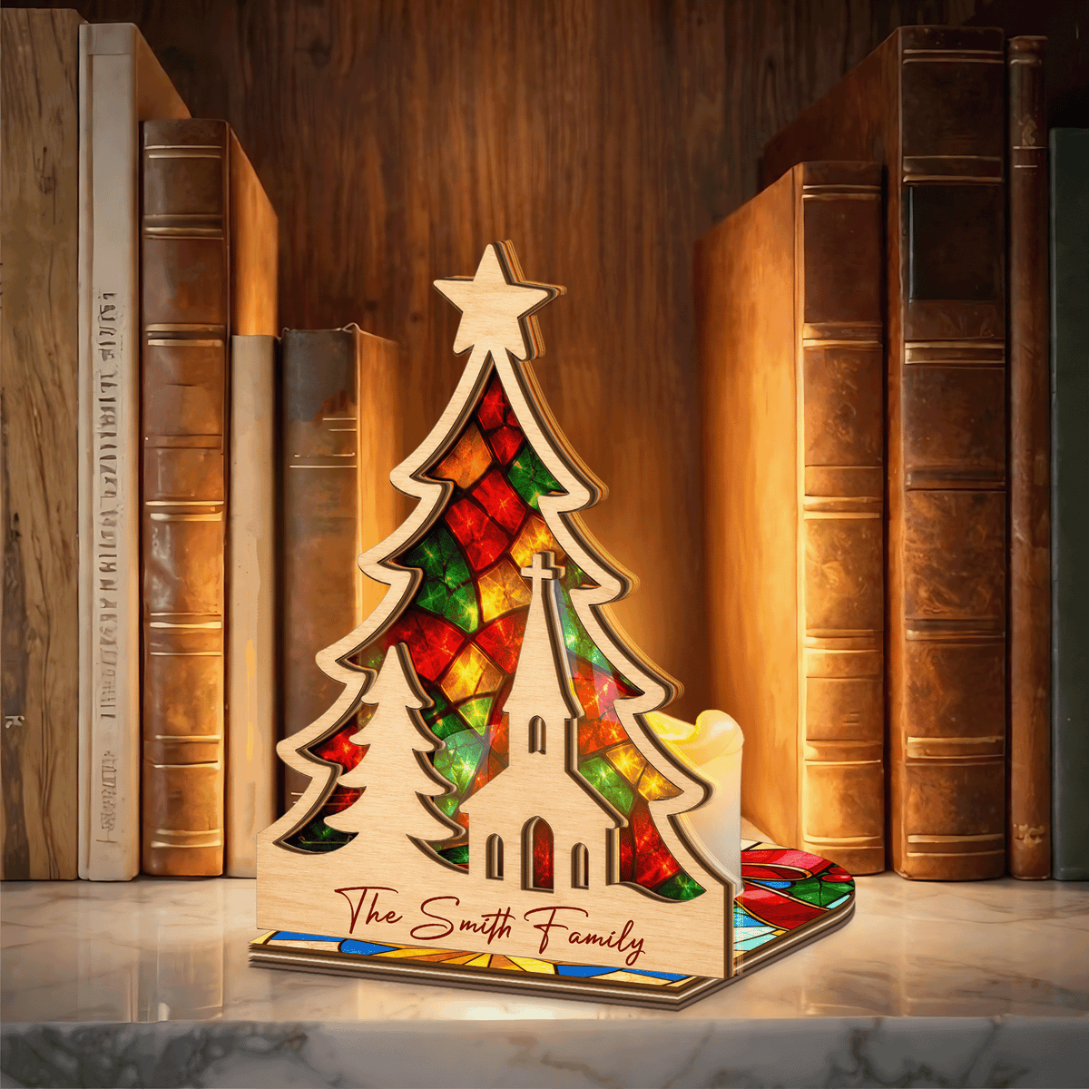 Personalized tree family name suncatcher candle holder side view