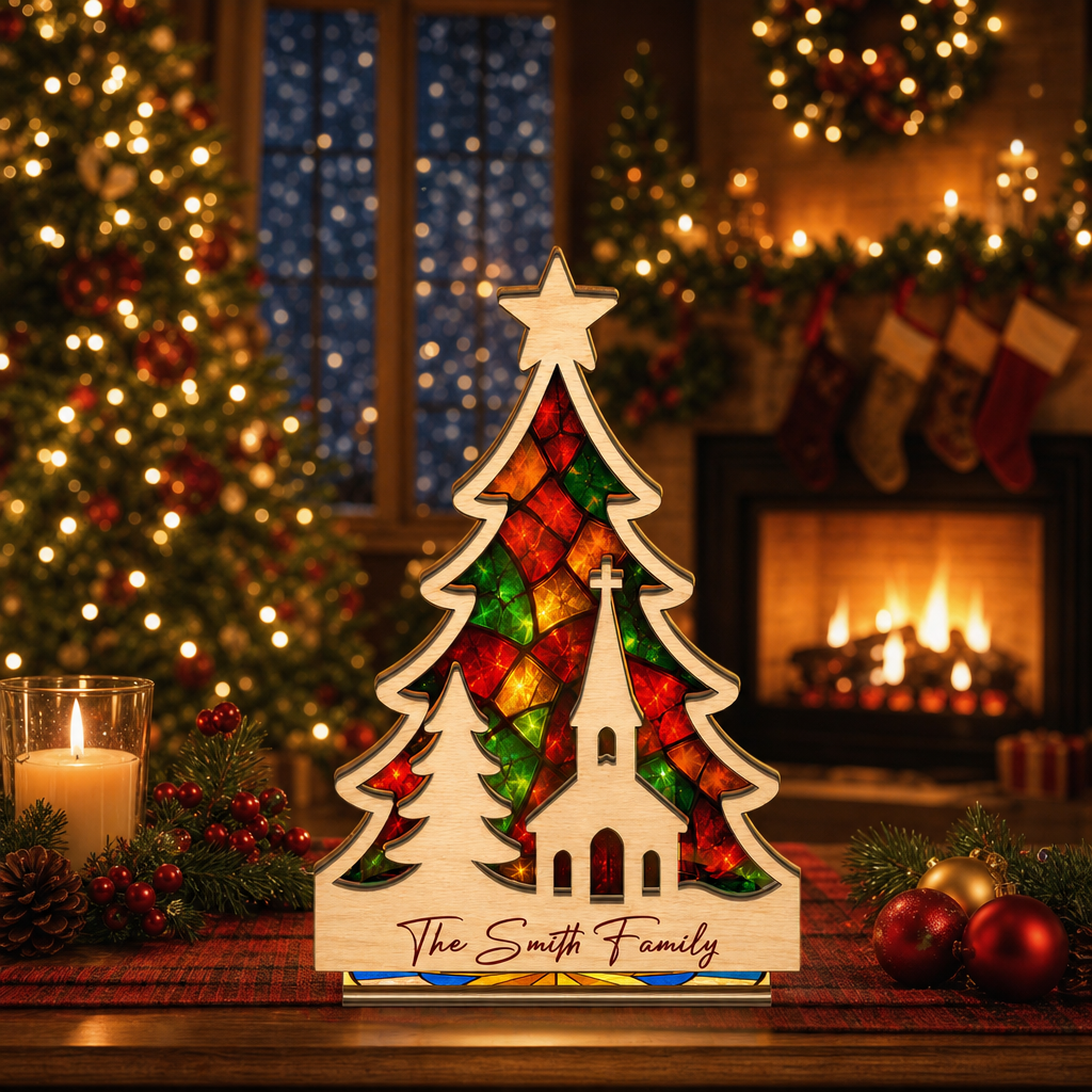 Personalized tree family name suncatcher candle holder glowing on holiday table