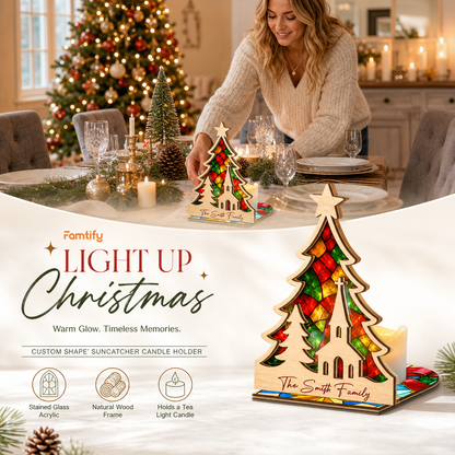 Personalized tree family name suncatcher candle holder glowing on holiday table