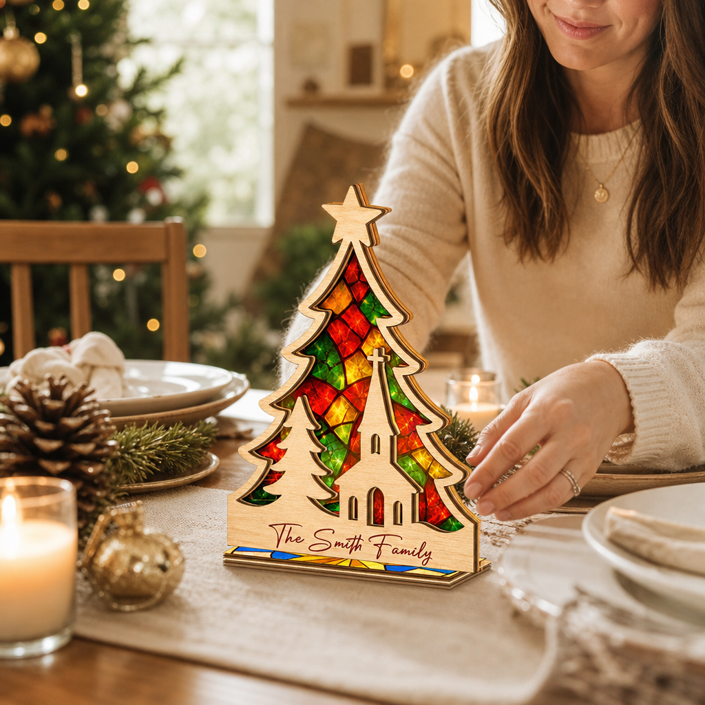 Personalized tree family name suncatcher candle holder glowing on holiday table