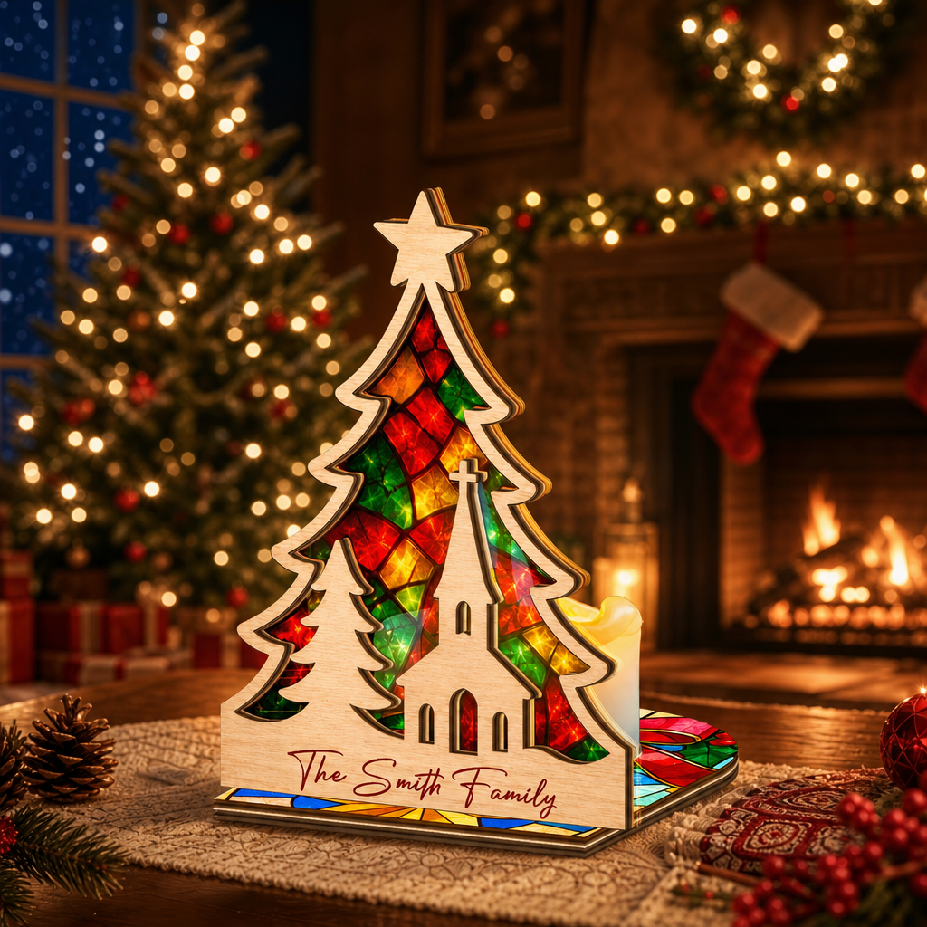 Personalized tree family name suncatcher candle holder glowing on holiday table