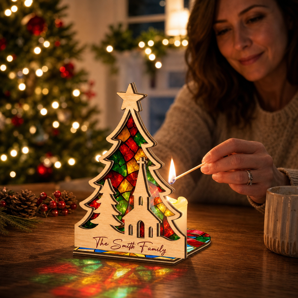 Personalized tree family name suncatcher candle holder glowing on holiday table