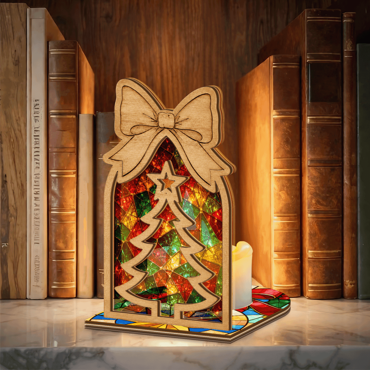 Christmas bow tree arch suncatcher candle holder side view
