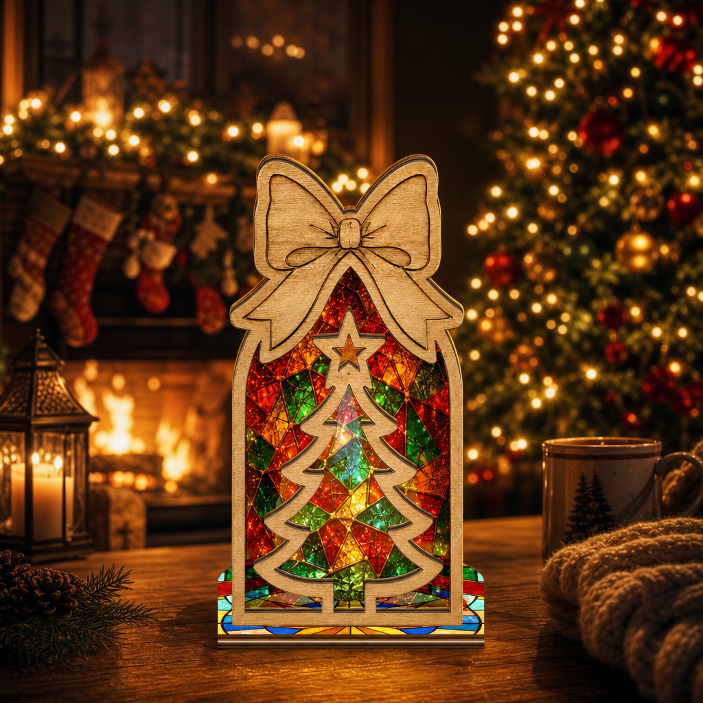 Christmas bow tree arch suncatcher candle holder glowing on holiday table