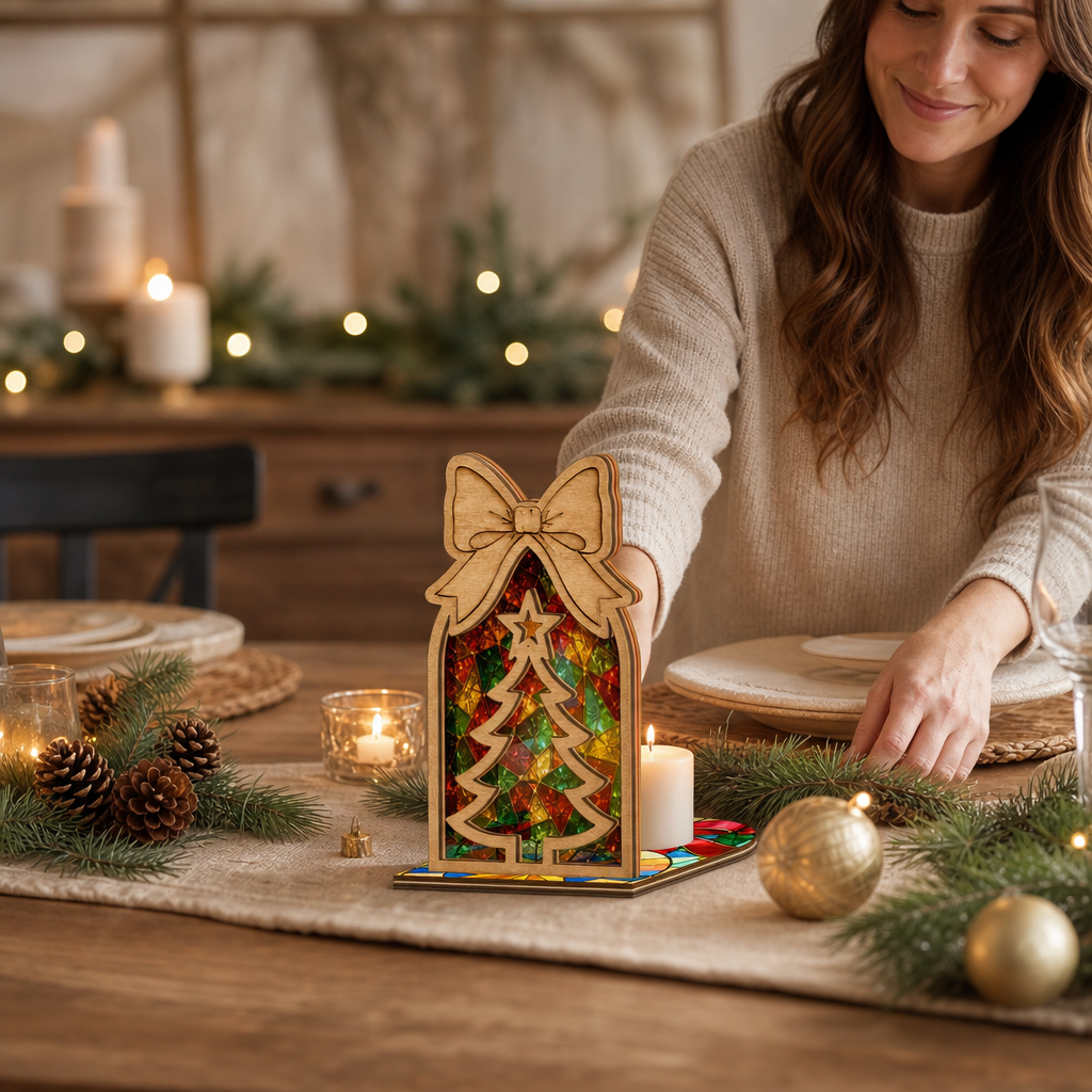 Christmas bow tree arch suncatcher candle holder glowing on holiday table