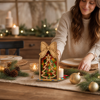 Christmas bow tree arch suncatcher candle holder glowing on holiday table