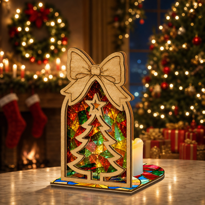 Christmas bow tree arch suncatcher candle holder glowing on holiday table