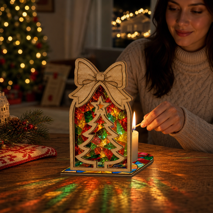 Christmas bow tree arch suncatcher candle holder glowing on holiday table