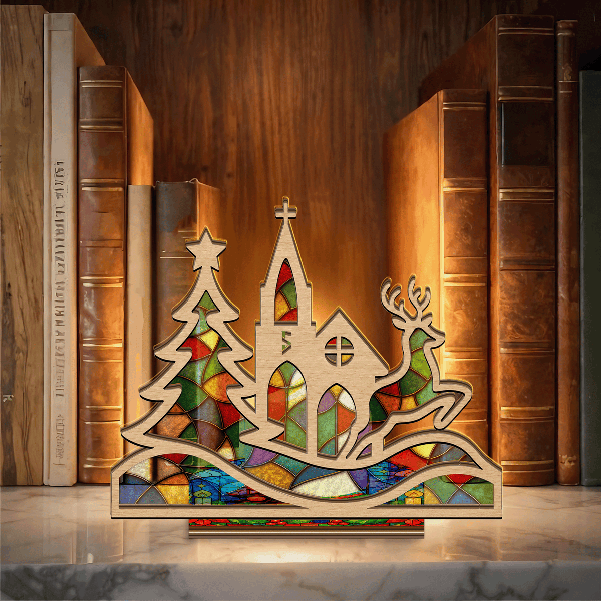 Personalized Christmas church initial suncatcher candle holder with tree and reindeer
