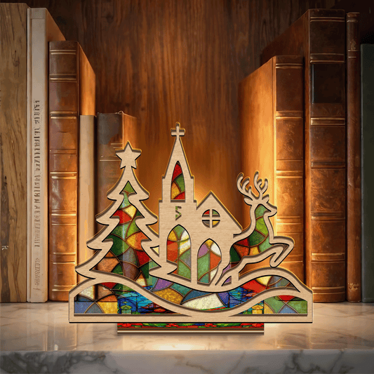 Personalized Christmas church initial suncatcher candle holder with tree and reindeer