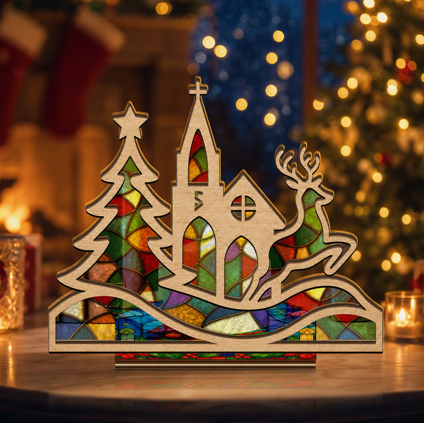 Personalized church initial suncatcher candle holder glowing on holiday table