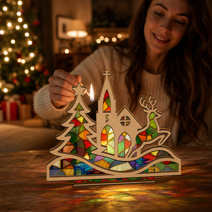 Personalized church initial suncatcher candle holder glowing on holiday table