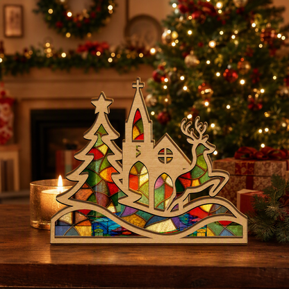 Personalized church initial suncatcher candle holder glowing on holiday table