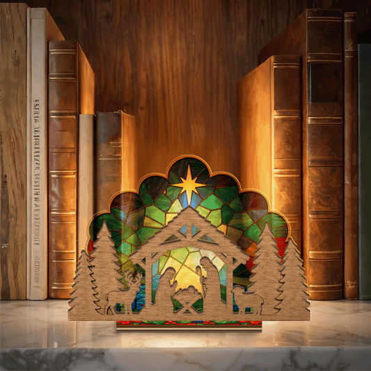 Christmas scalloped nativity suncatcher candle holder with stained glass backdrop