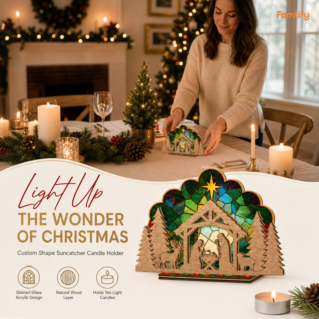Christmas nativity suncatcher candle holder glowing on holiday table