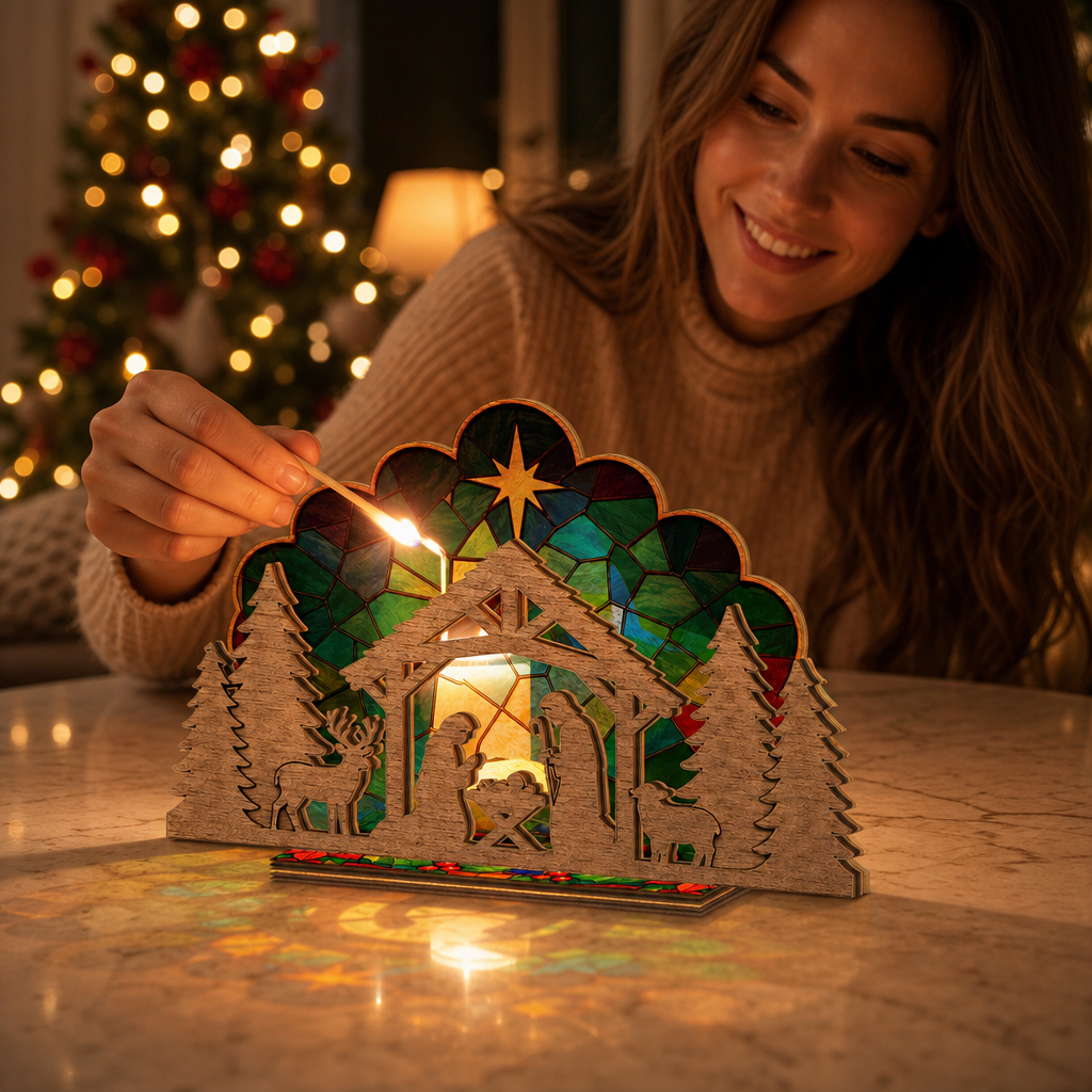 Christmas nativity suncatcher candle holder glowing on holiday table