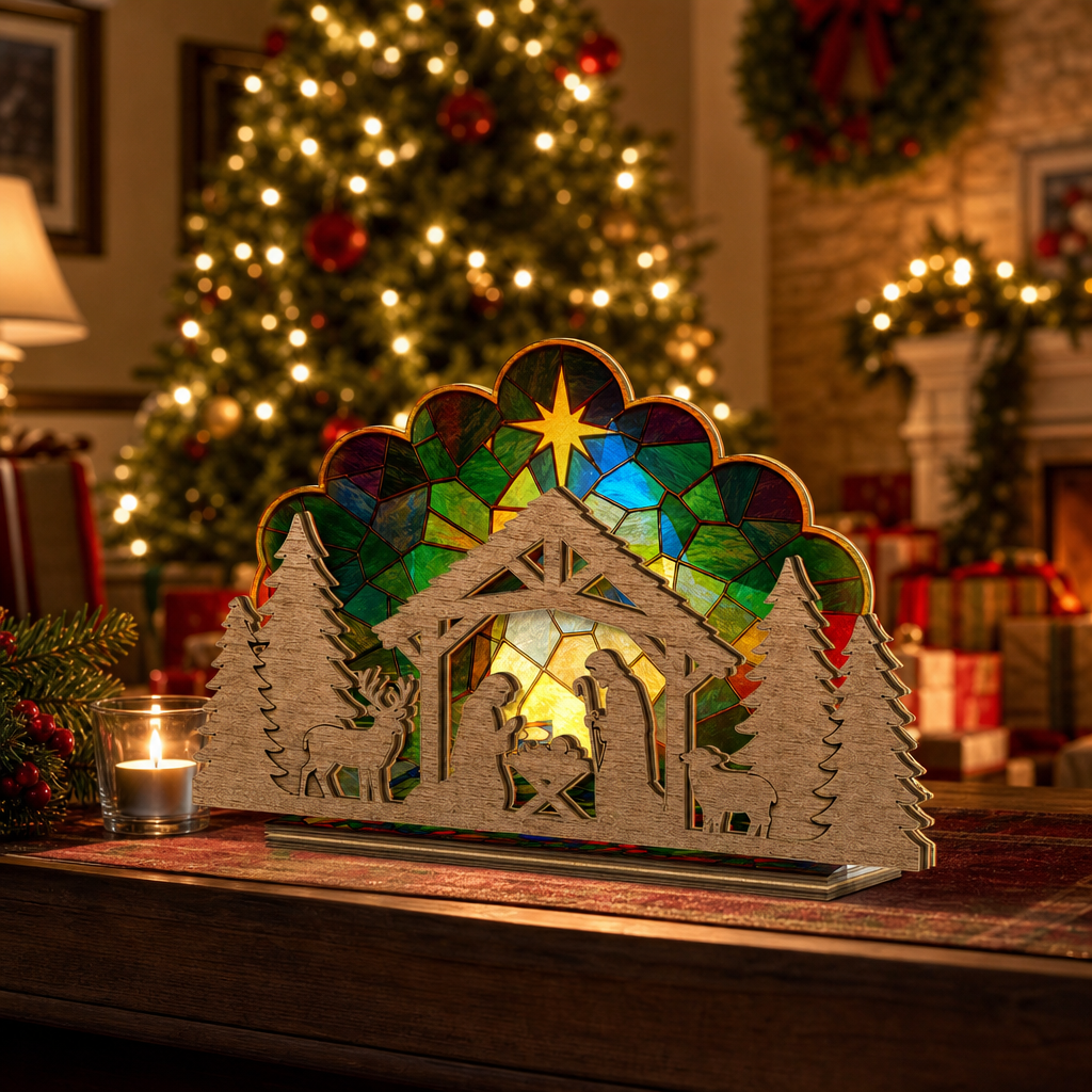 Christmas nativity suncatcher candle holder glowing on holiday table