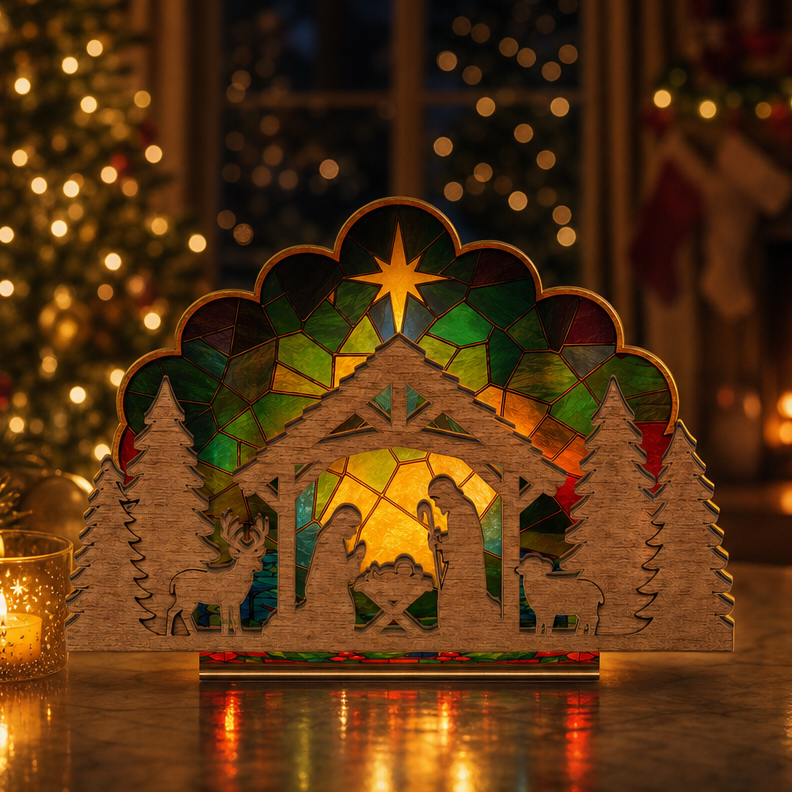 Christmas nativity suncatcher candle holder glowing on holiday table