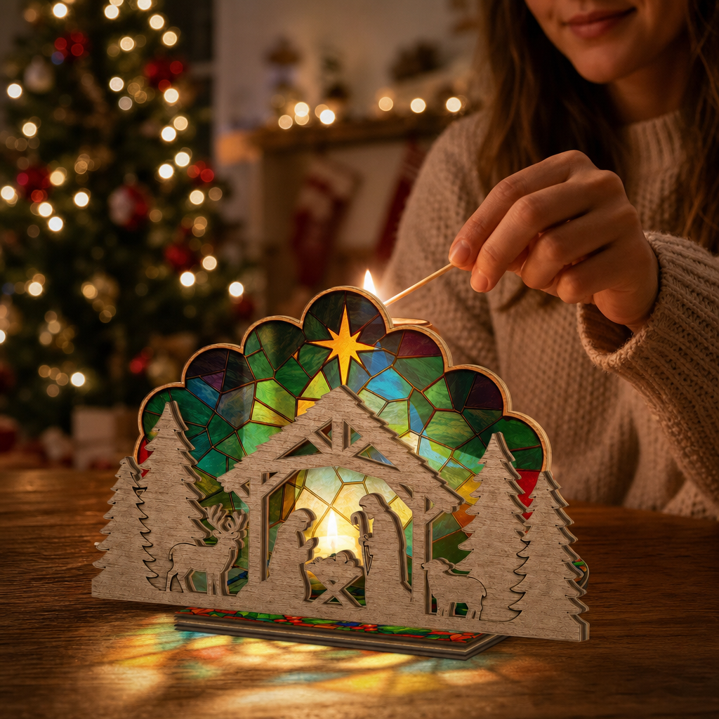 Christmas nativity suncatcher candle holder glowing on holiday table