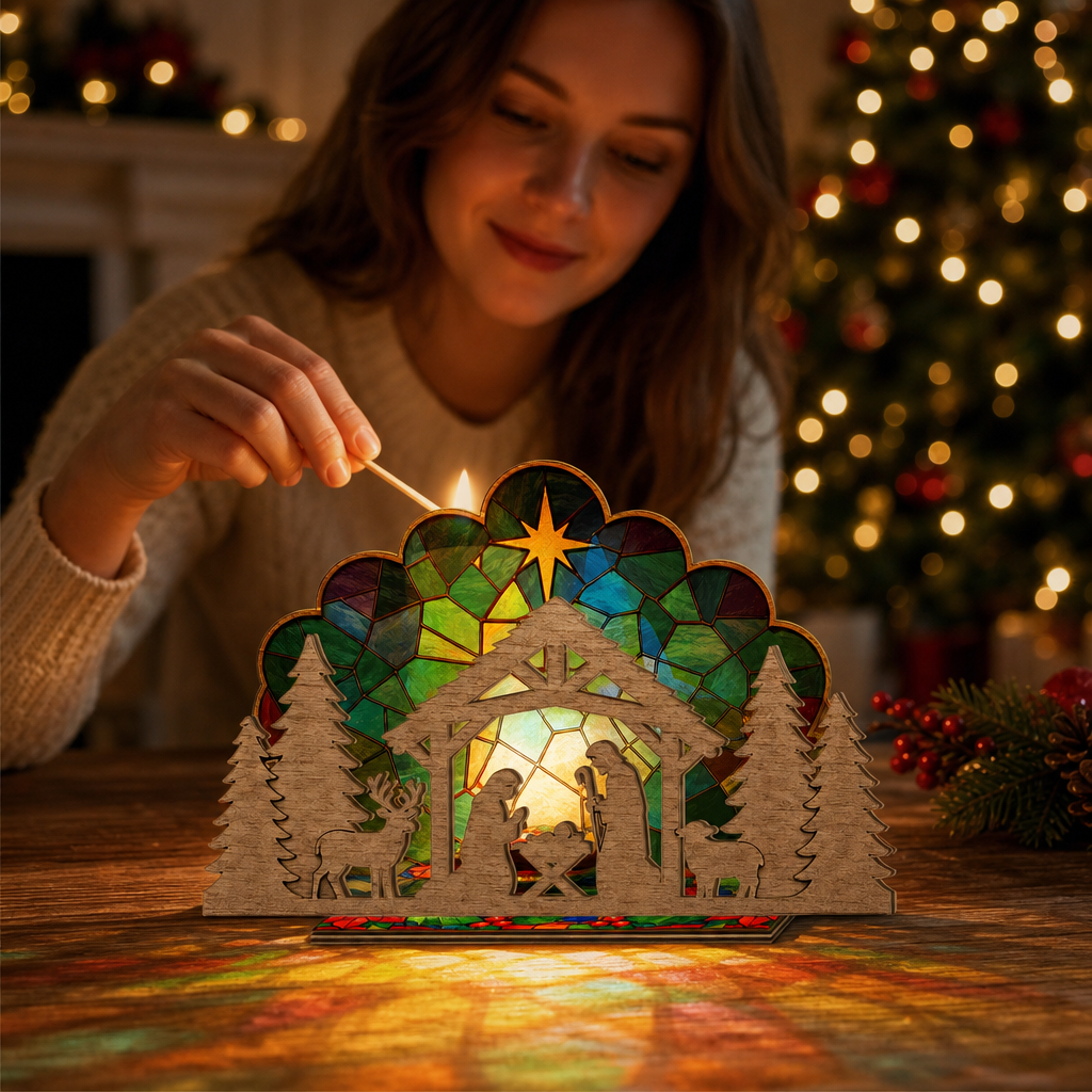 Christmas nativity suncatcher candle holder glowing on holiday table