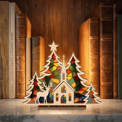 Christmas church and reindeer suncatcher candle holder with pine trees