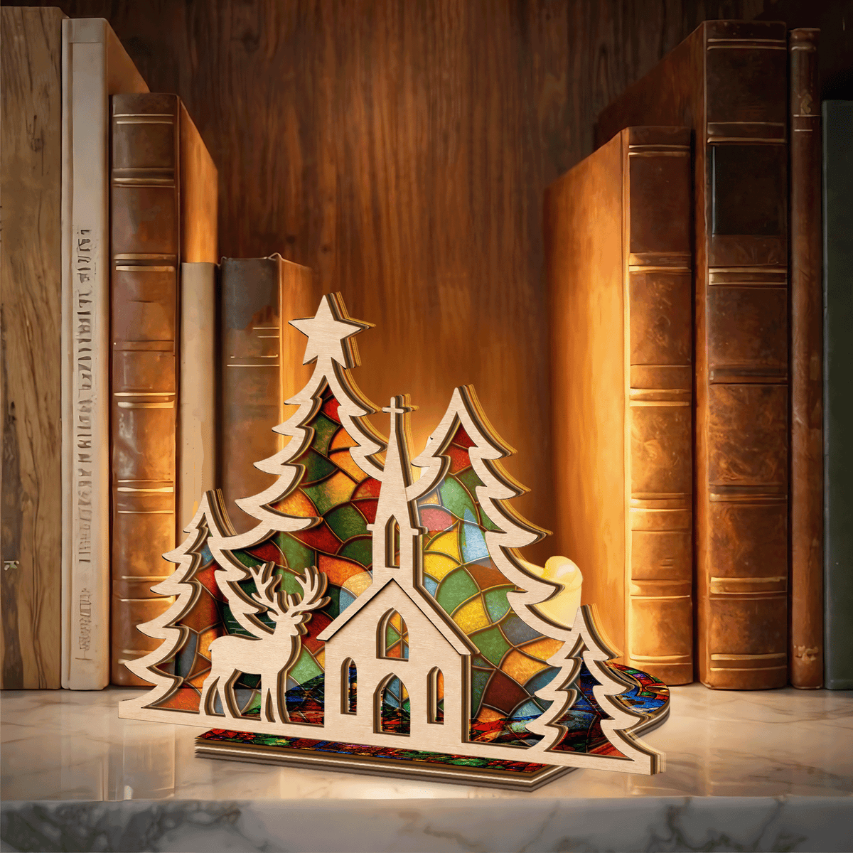 Christmas church and reindeer suncatcher candle holder side view