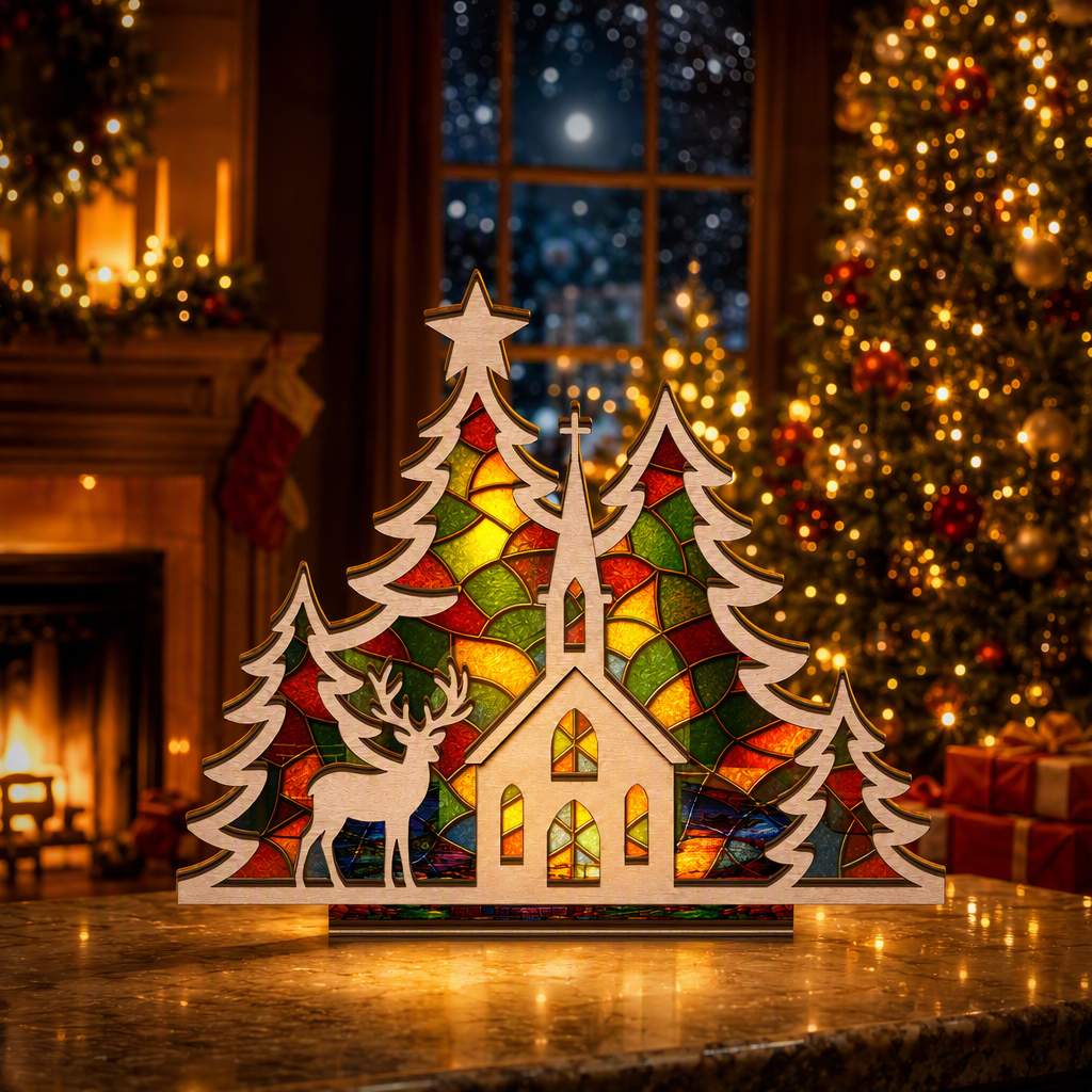Christmas church and reindeer suncatcher candle holder glowing on holiday table