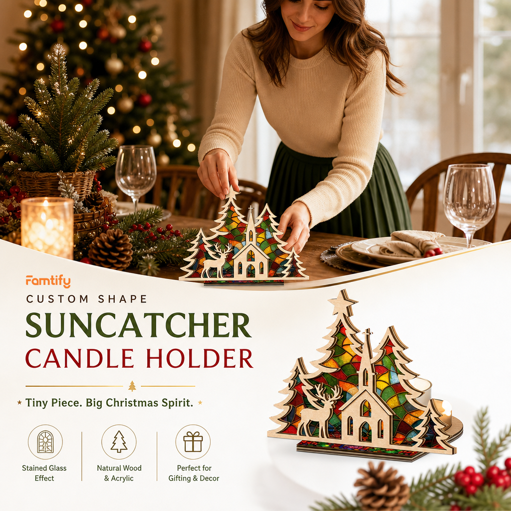 Christmas church and reindeer suncatcher candle holder glowing on holiday table