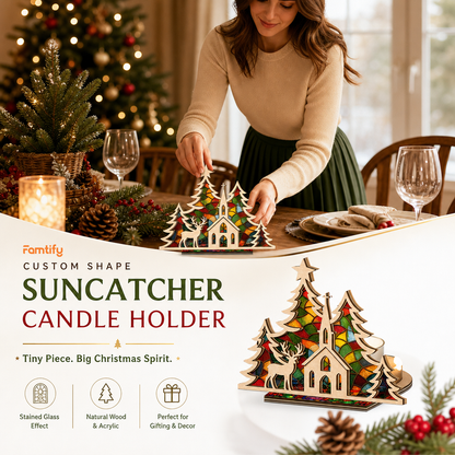 Christmas church and reindeer suncatcher candle holder glowing on holiday table