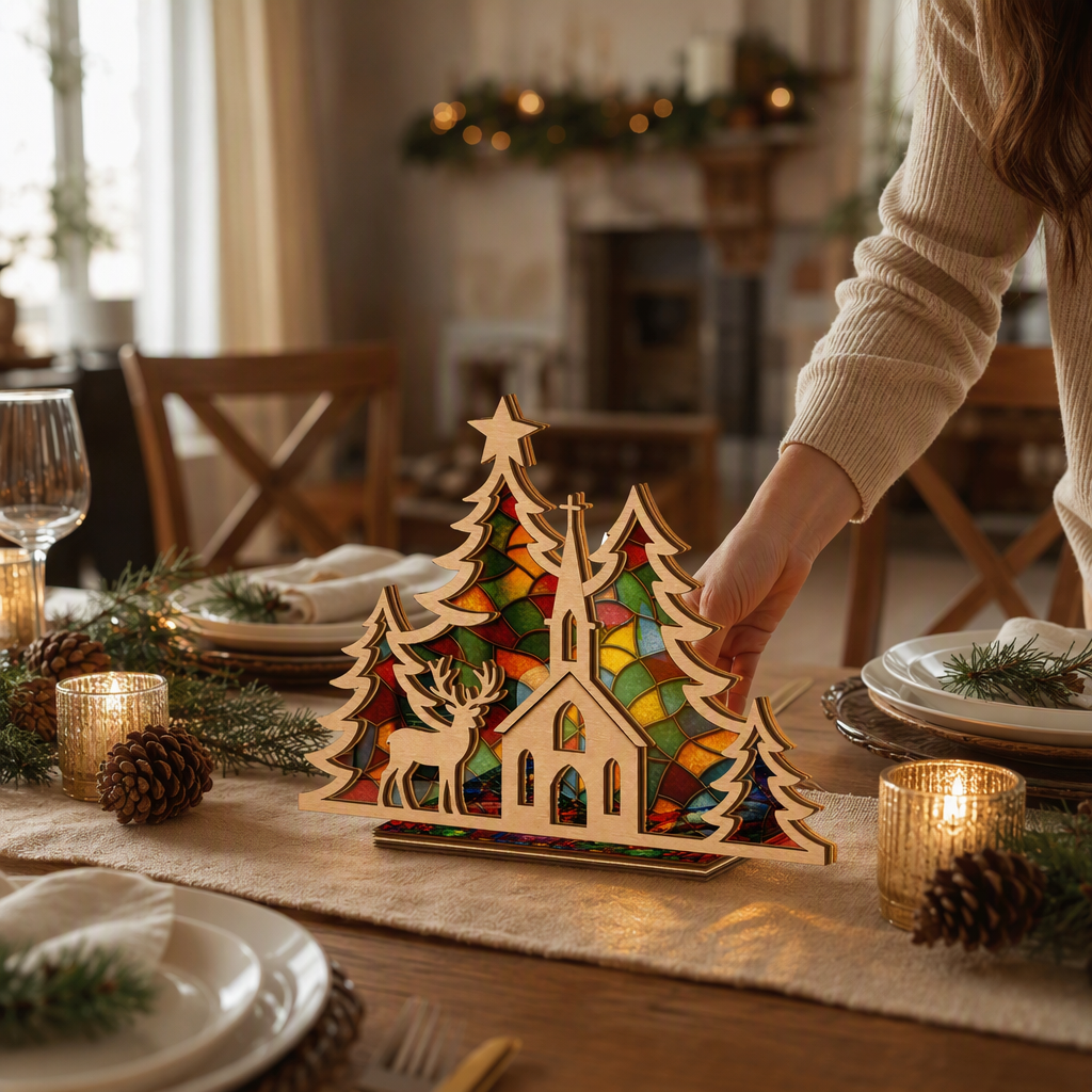 Christmas church and reindeer suncatcher candle holder glowing on holiday table