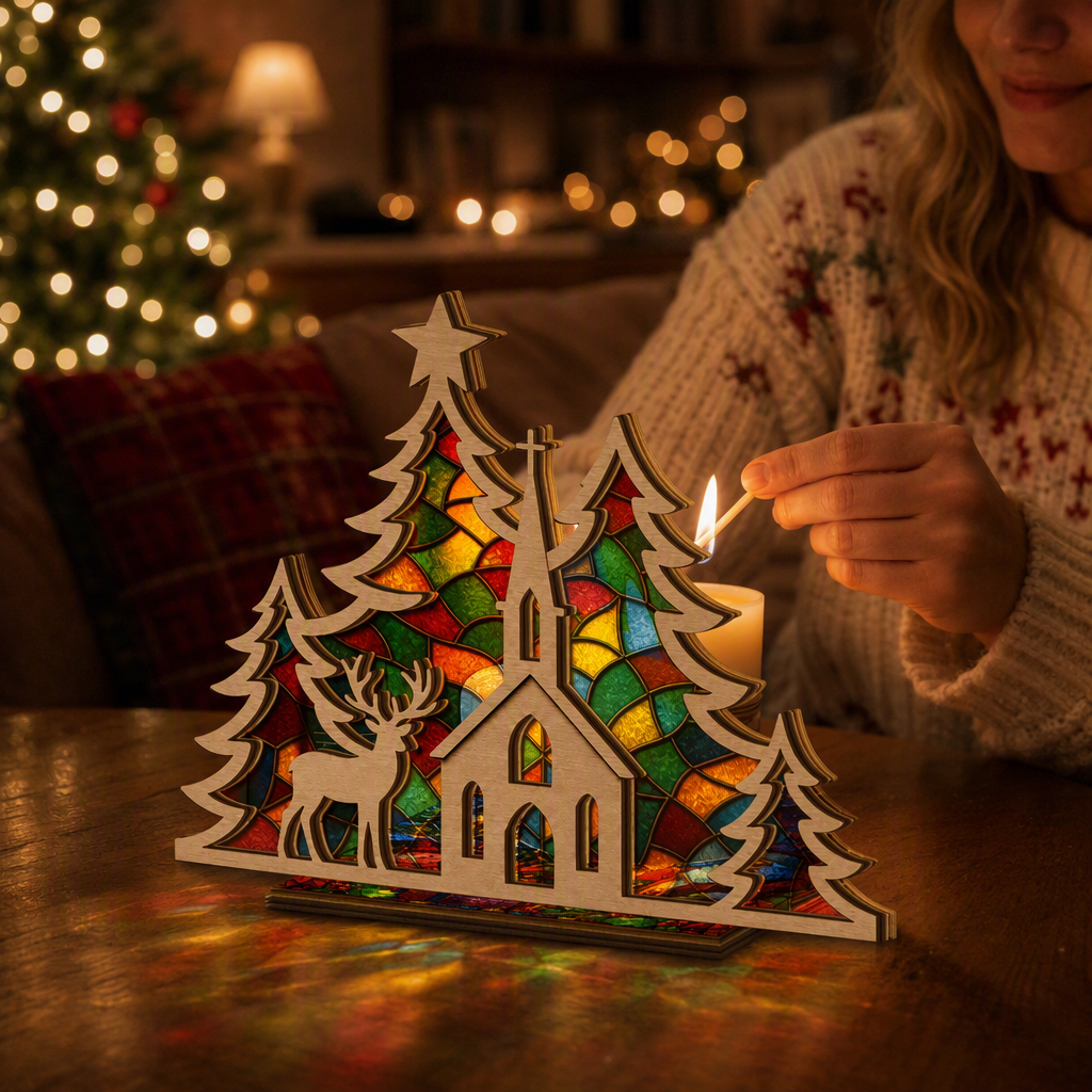 Christmas church and reindeer suncatcher candle holder glowing on holiday table