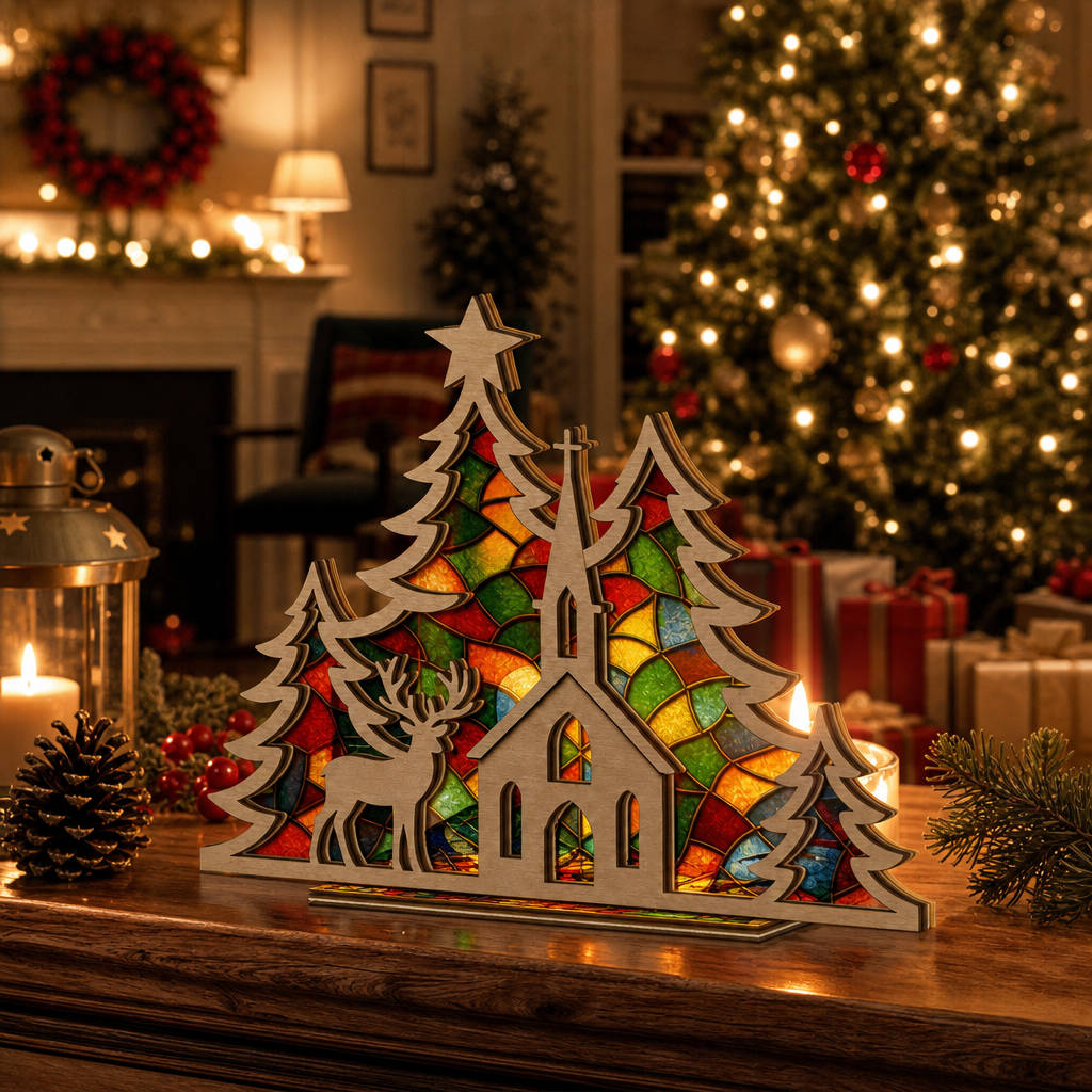 Christmas church and reindeer suncatcher candle holder glowing on holiday table