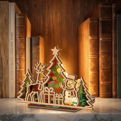 Christmas reindeer and snowman suncatcher candle holder side view