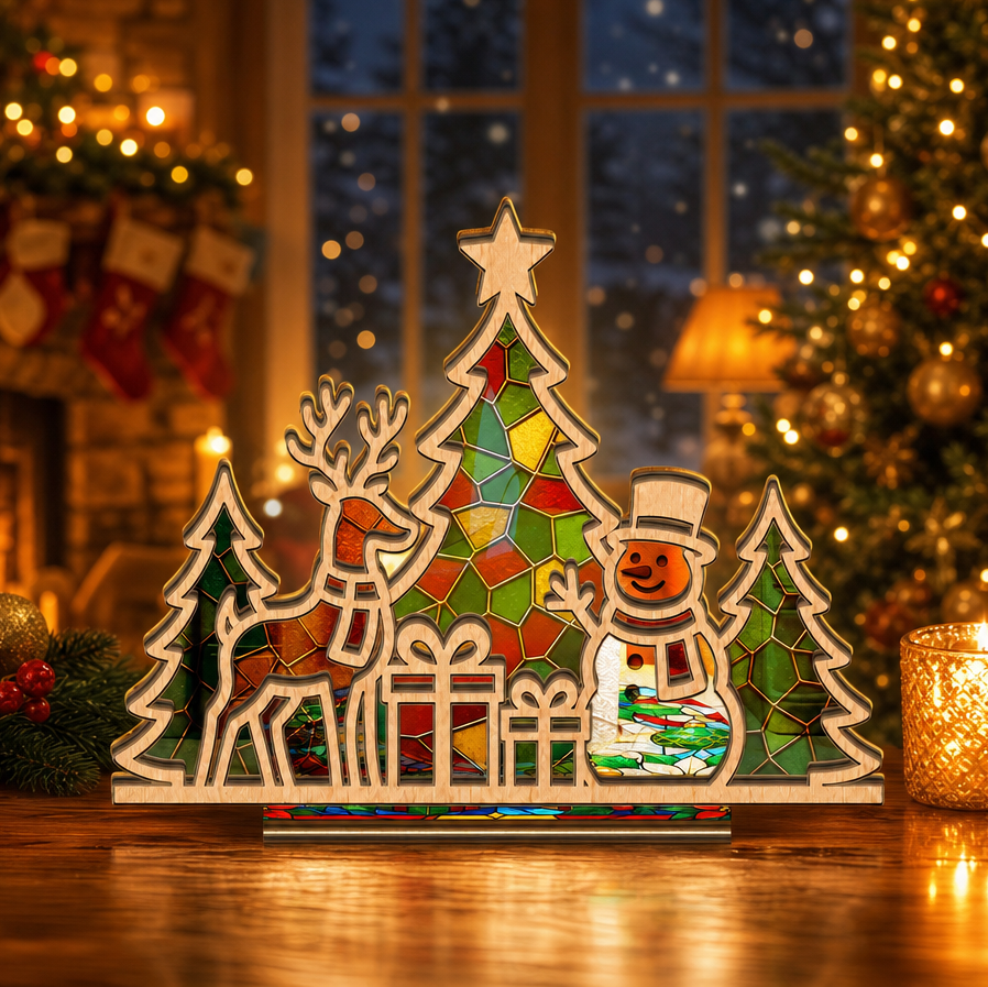 Christmas reindeer and snowman suncatcher candle holder on holiday table