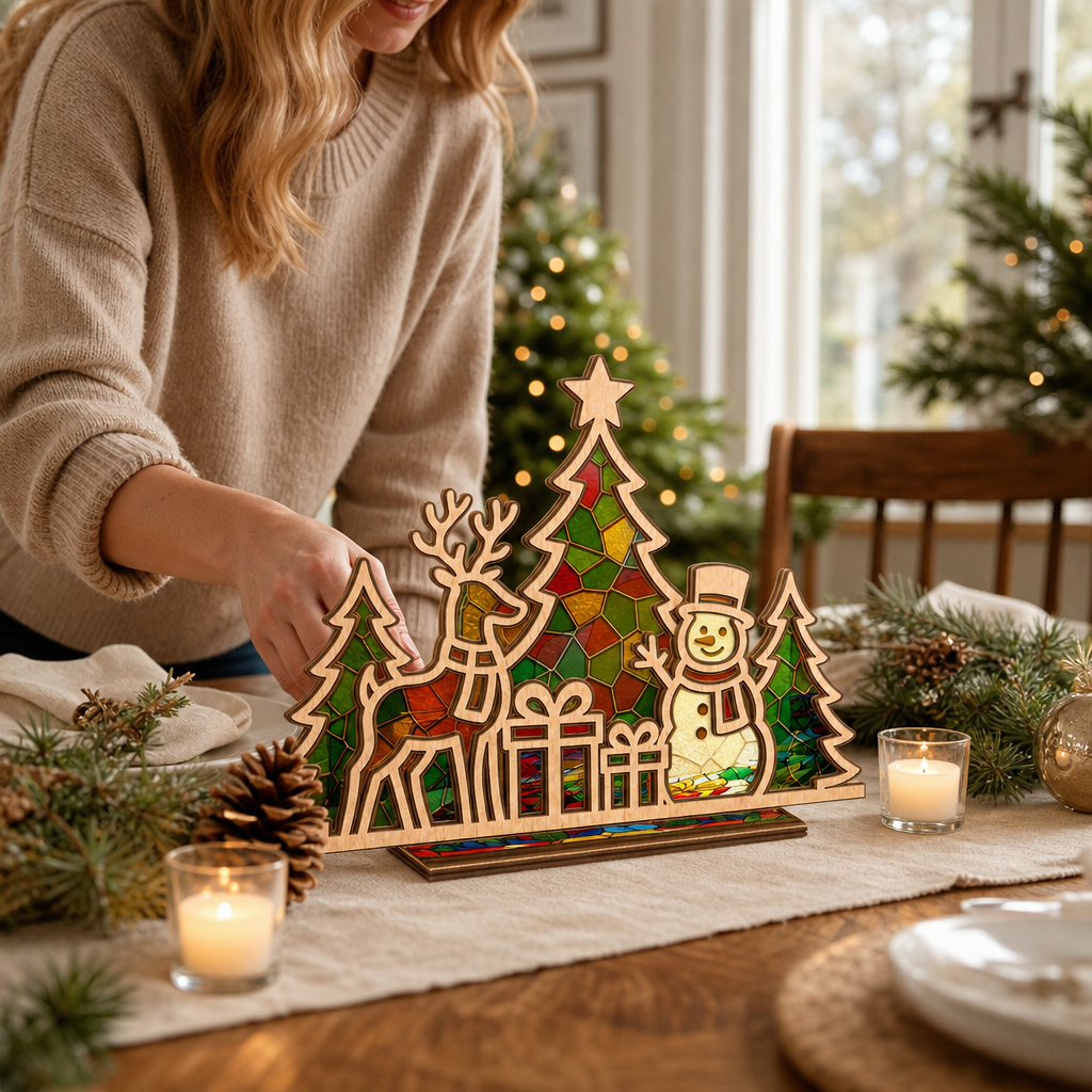 Christmas reindeer and snowman suncatcher candle holder on holiday table